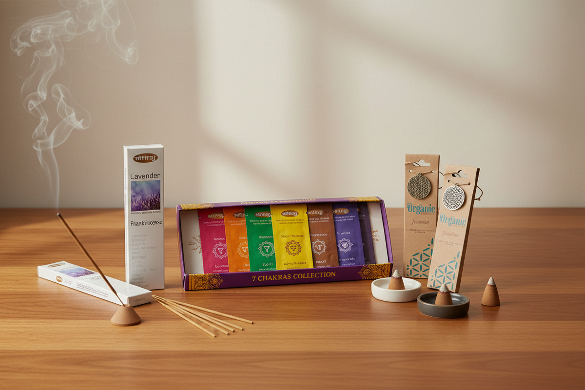 Incense collection banner, realistic incense sticks and cone burners