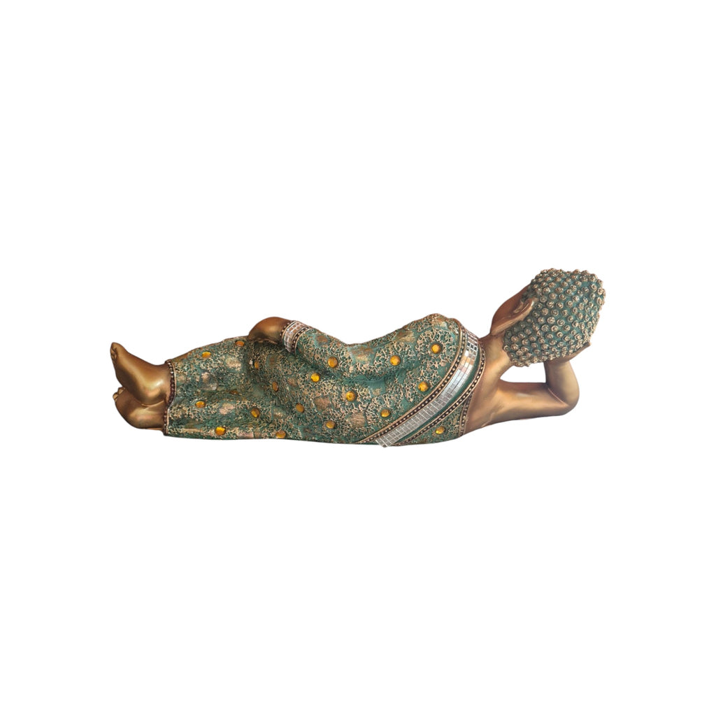 Reverse view of reclining green and gold Buddha showing patterned robe and resting pose