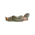 Reverse view of reclining green and gold Buddha showing patterned robe and resting pose