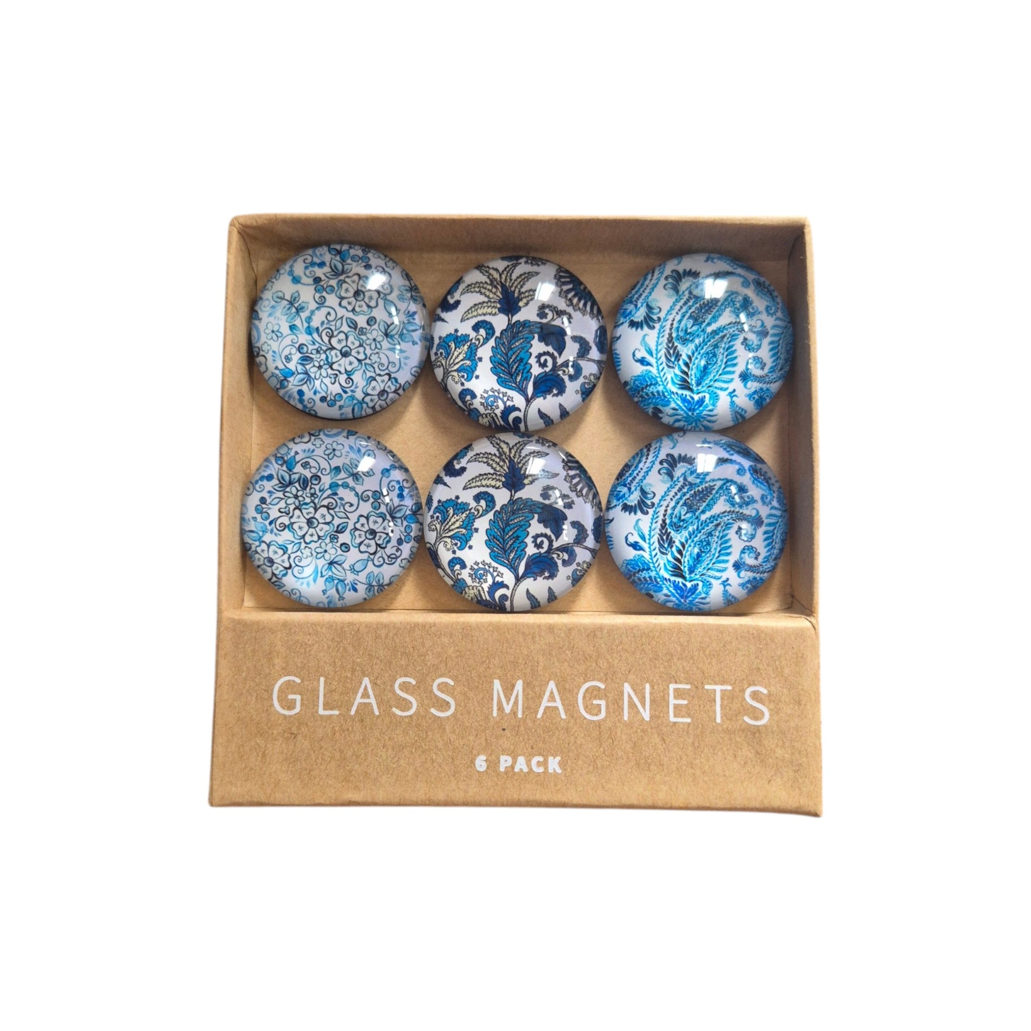 Set of six blue botanical glass dome magnets by Loren Boyd, featuring intricate floral designs under clear glass domes. nz