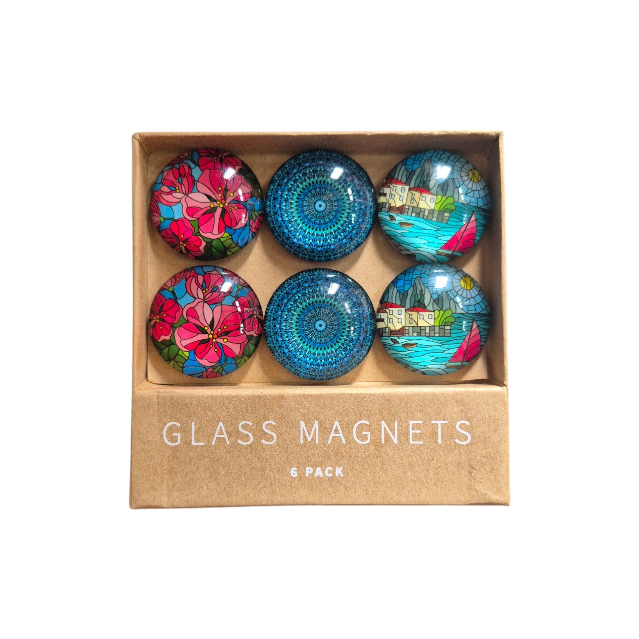 Stained Glass Floral & Harbour Glass Dome Magnets - Set of 6 LaVida Nz