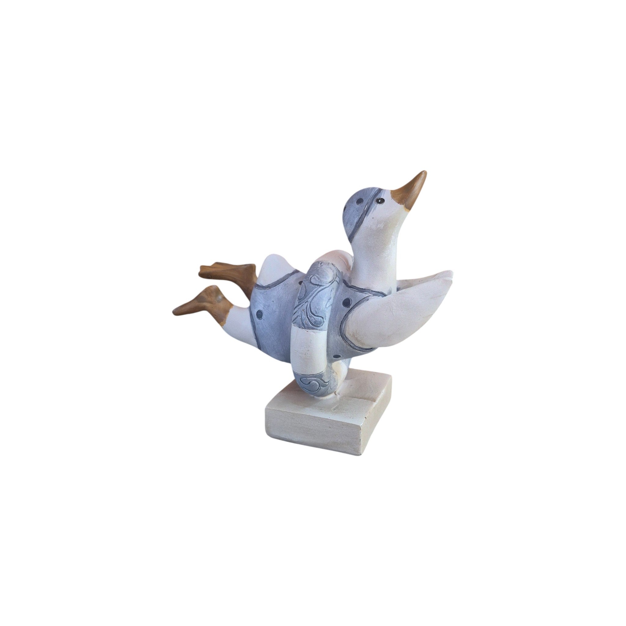 Loren Boyd duck diving through swim ring figurine, detailed sculpture of a duck with a colorful inflatable ring, decorative collectible.