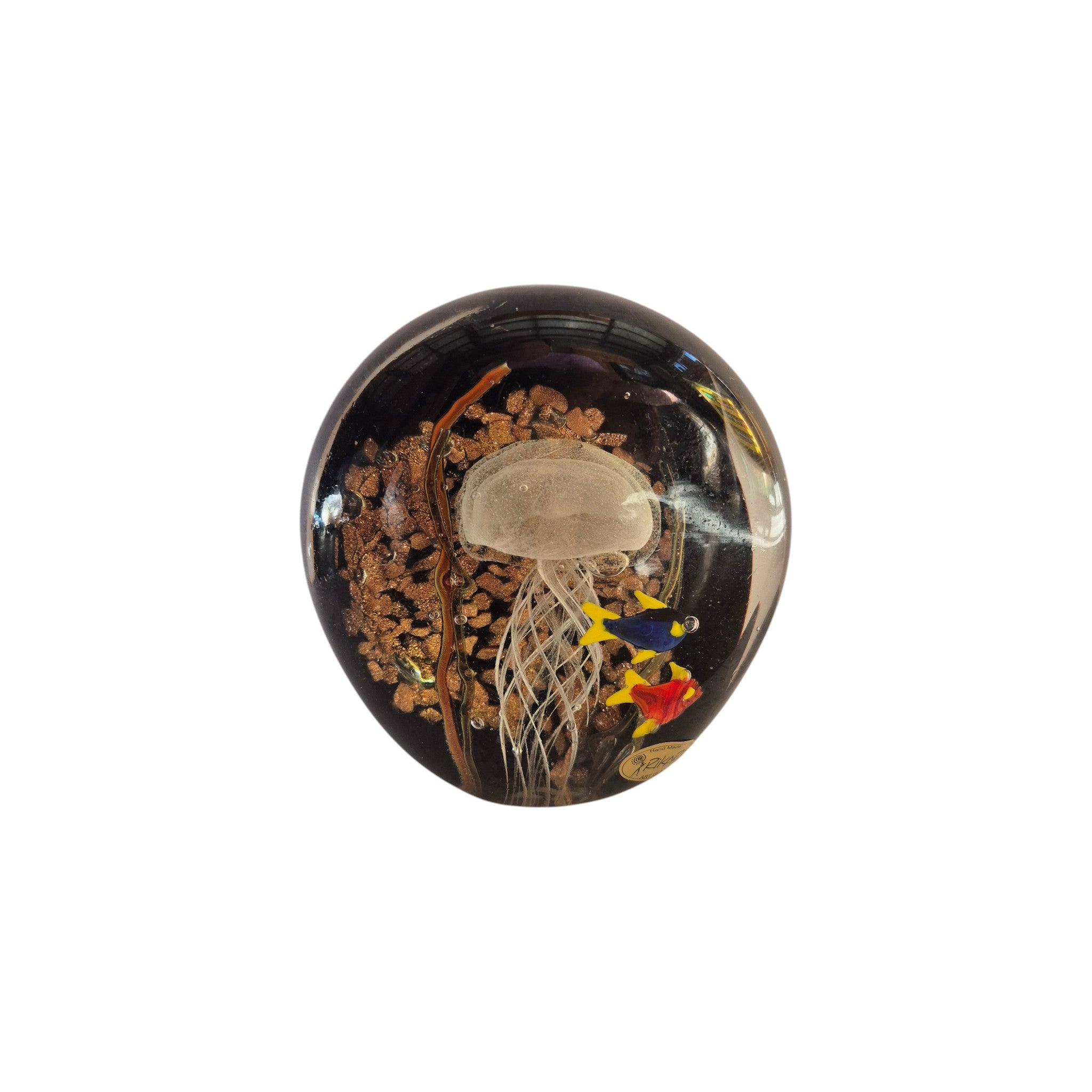 Rikaro Handblown Glass Jellyfish & Fish Bronze Paperweight 11.5cm nz