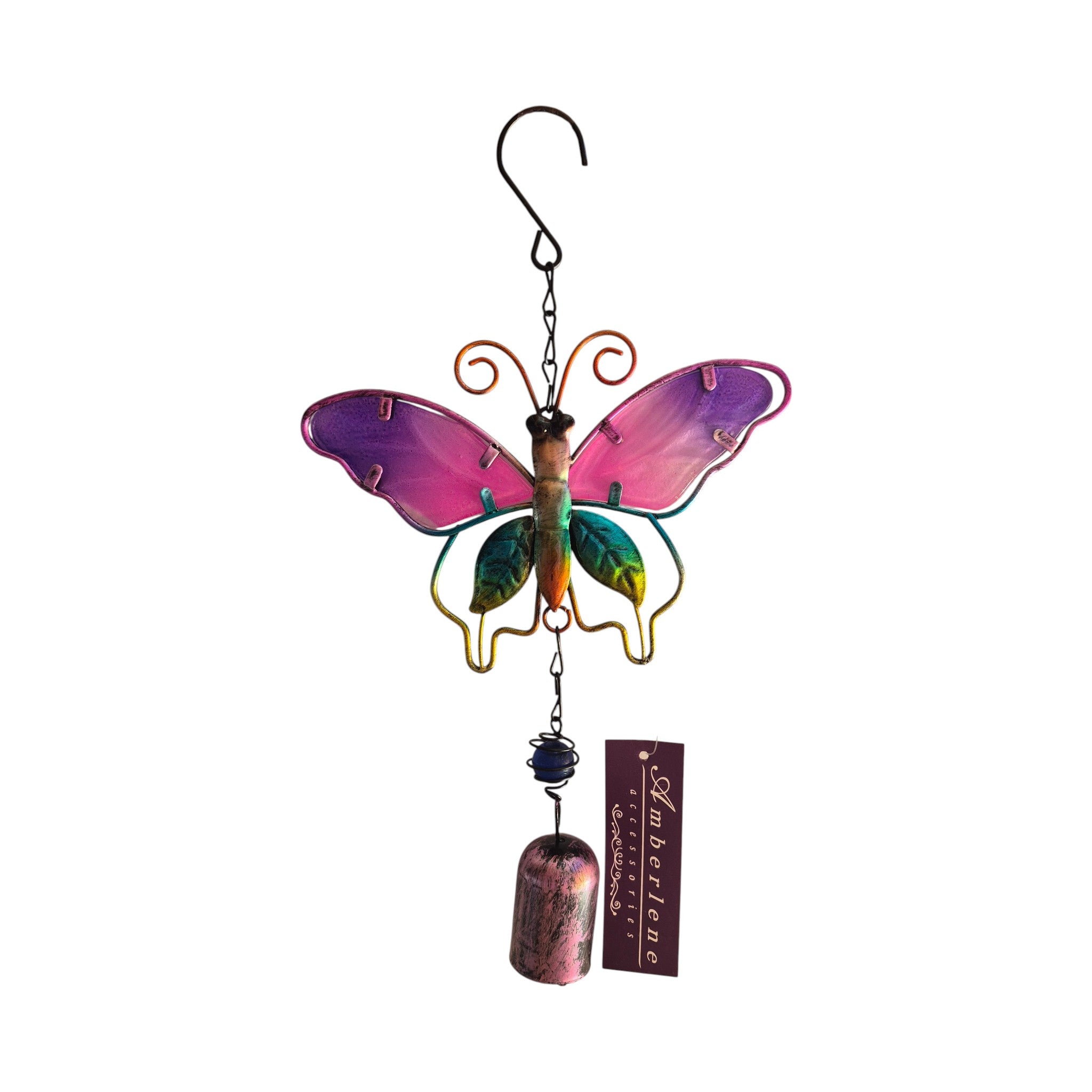 Amethyst butterfly-shaped wind chime with metal tubes and decorative butterfly design by Amberlene, hanging outdoors. nz