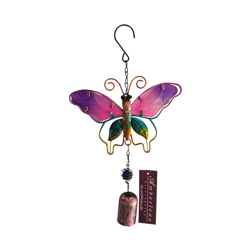 Amethyst butterfly-shaped wind chime with metal tubes and decorative butterfly design by Amberlene, hanging outdoors. nz