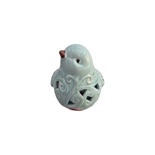 Celadon blue bird ornament by Loren Boyd featuring detailed ceramic craftsmanship and a smooth, glossy finish. nz