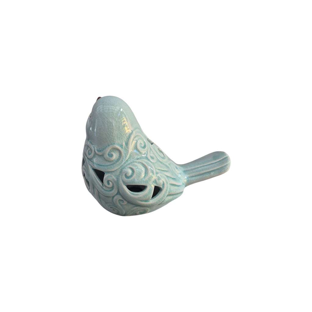 Celadon blue bird ornament by Loren Boyd featuring a detailed ceramic design, perfect for decorative display. nz