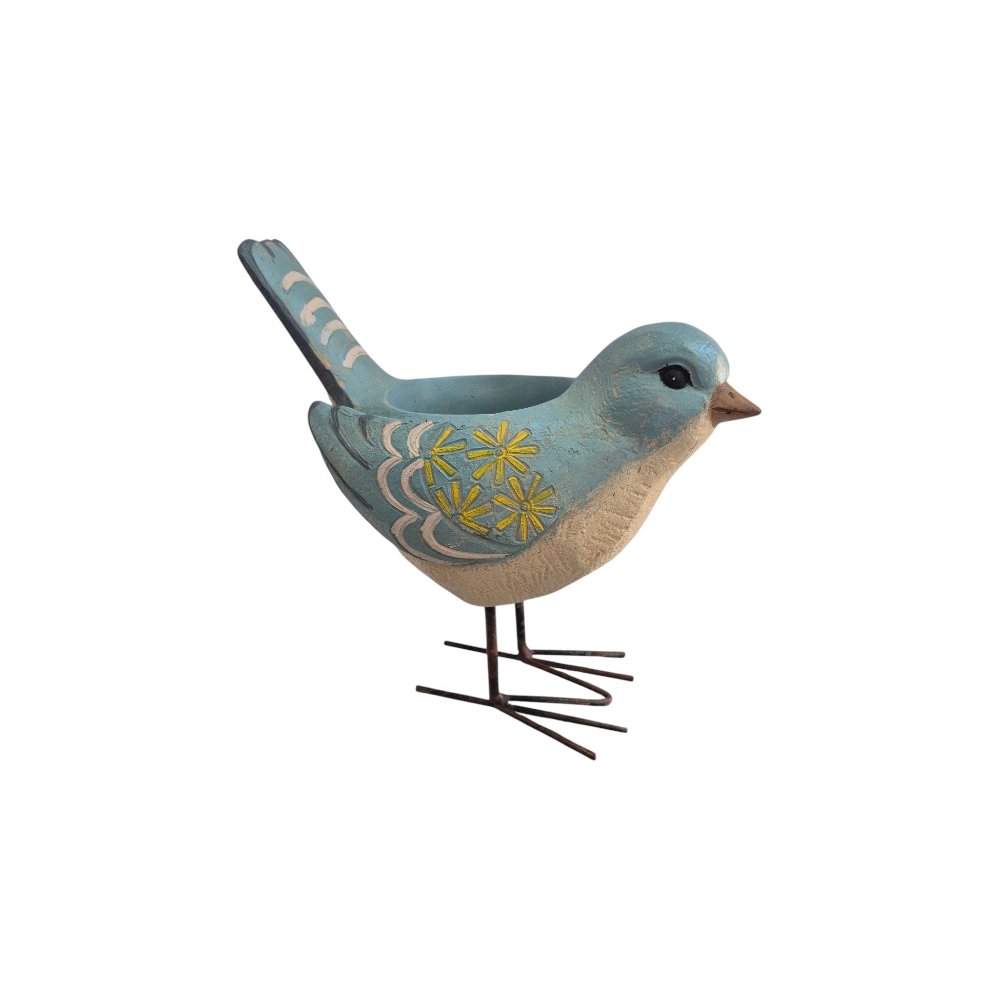 Blue bird-shaped planter with metal feet by Loren Boyd, perfect for indoor or outdoor plant display. nz