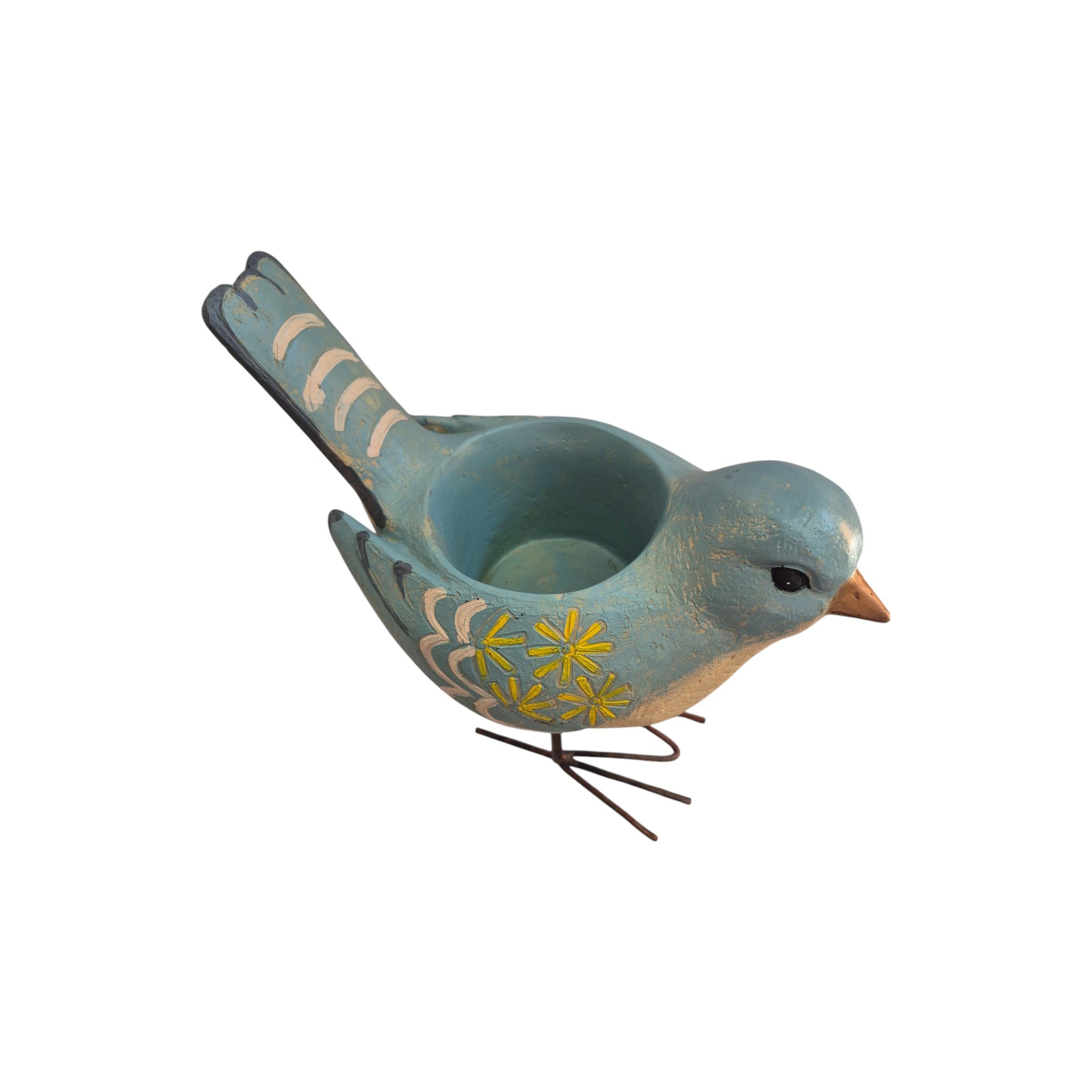 Blue bird-shaped planter with metal feet by Loren Boyd, showcasing a charming ceramic design perfect for outdoor or indoor plants. nz