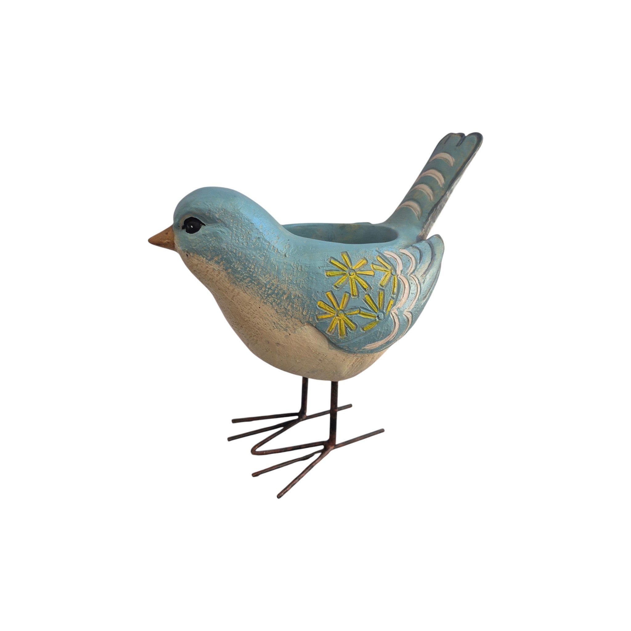 Blue bird-shaped planter with metal feet by Loren Boyd, featuring detailed bird design and sturdy metal stand for indoor or outdoor use. nz