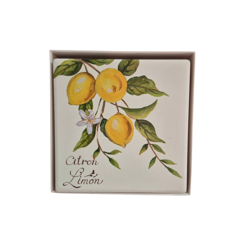 Set of four citron and lemon-themed coasters by Loren Boyd, featuring vibrant citrus fruit designs perfect for protecting surfaces. nz