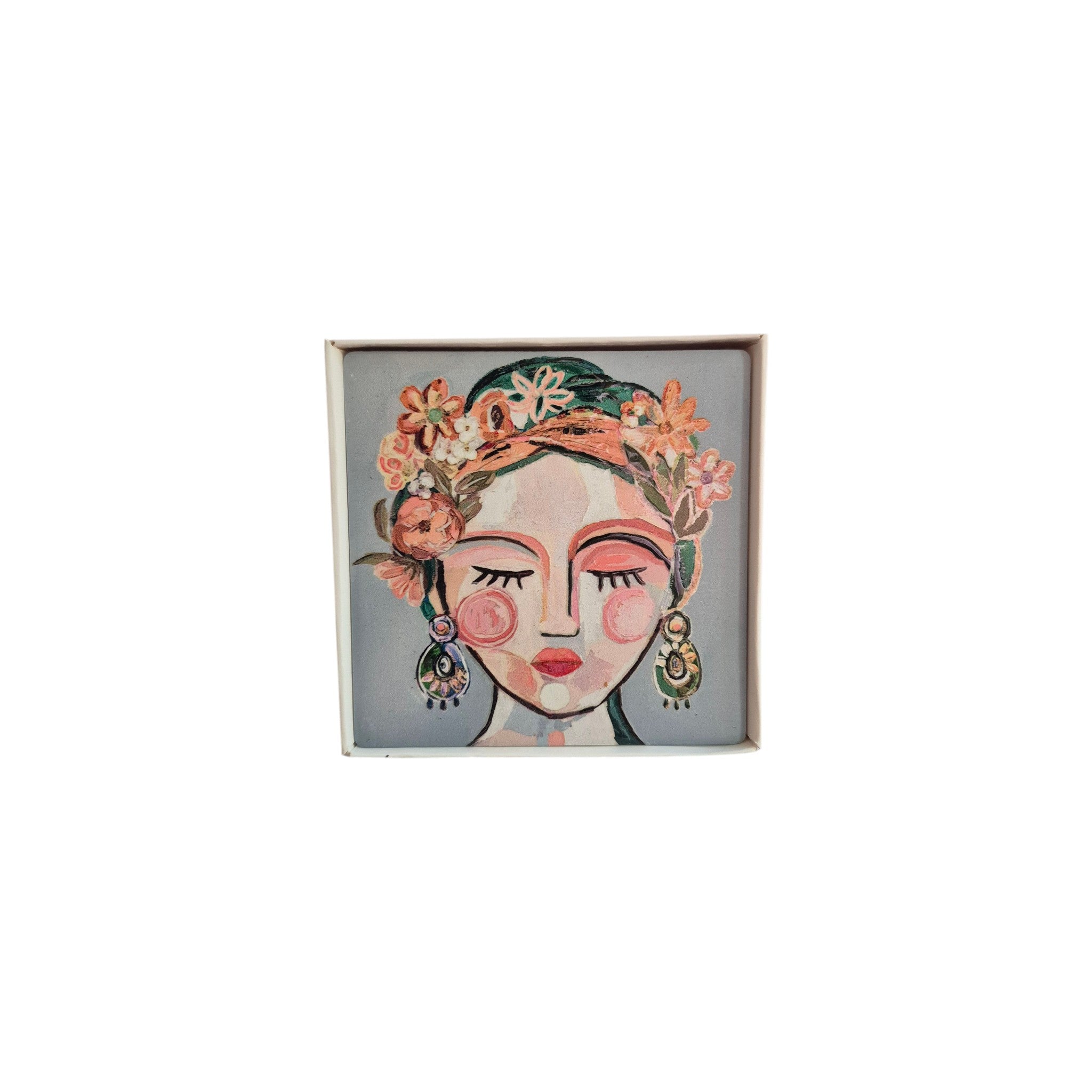 Set of four Freida Face coasters by Loren Boyd featuring artistic face designs on round stone coasters.