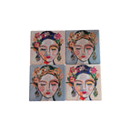 Set of four Loren Boyd Freida face coasters featuring colorful, artistic designs for protecting surfaces from drinks.
