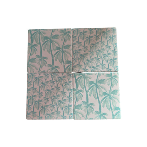 Set of four Aqua Palm Trees coasters by Loren Boyd featuring vibrant tropical palm tree designs for drink protection. nz