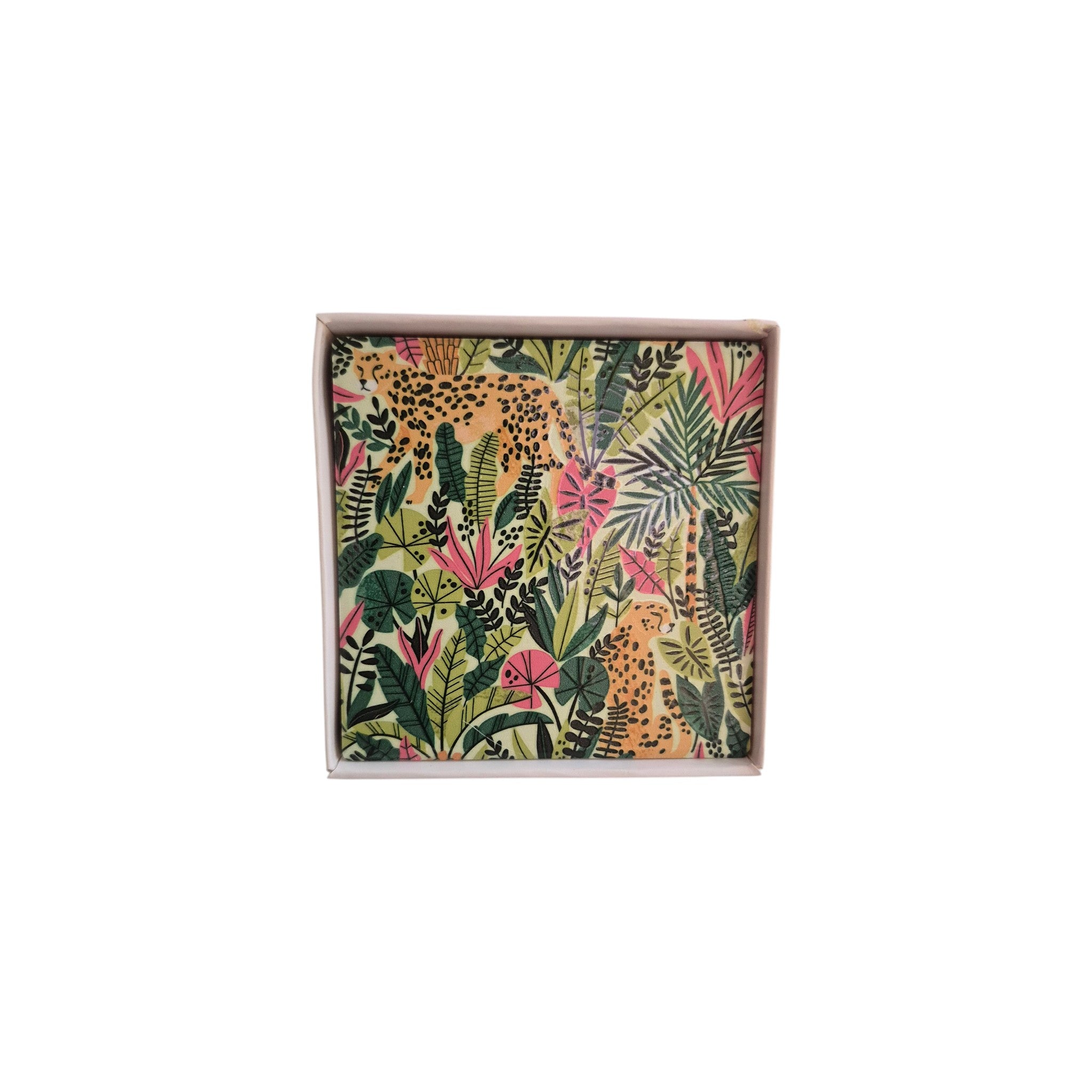 Set of four Loren Boyd cheetah jungle coasters featuring bold animal print designs on cork surfaces. nz