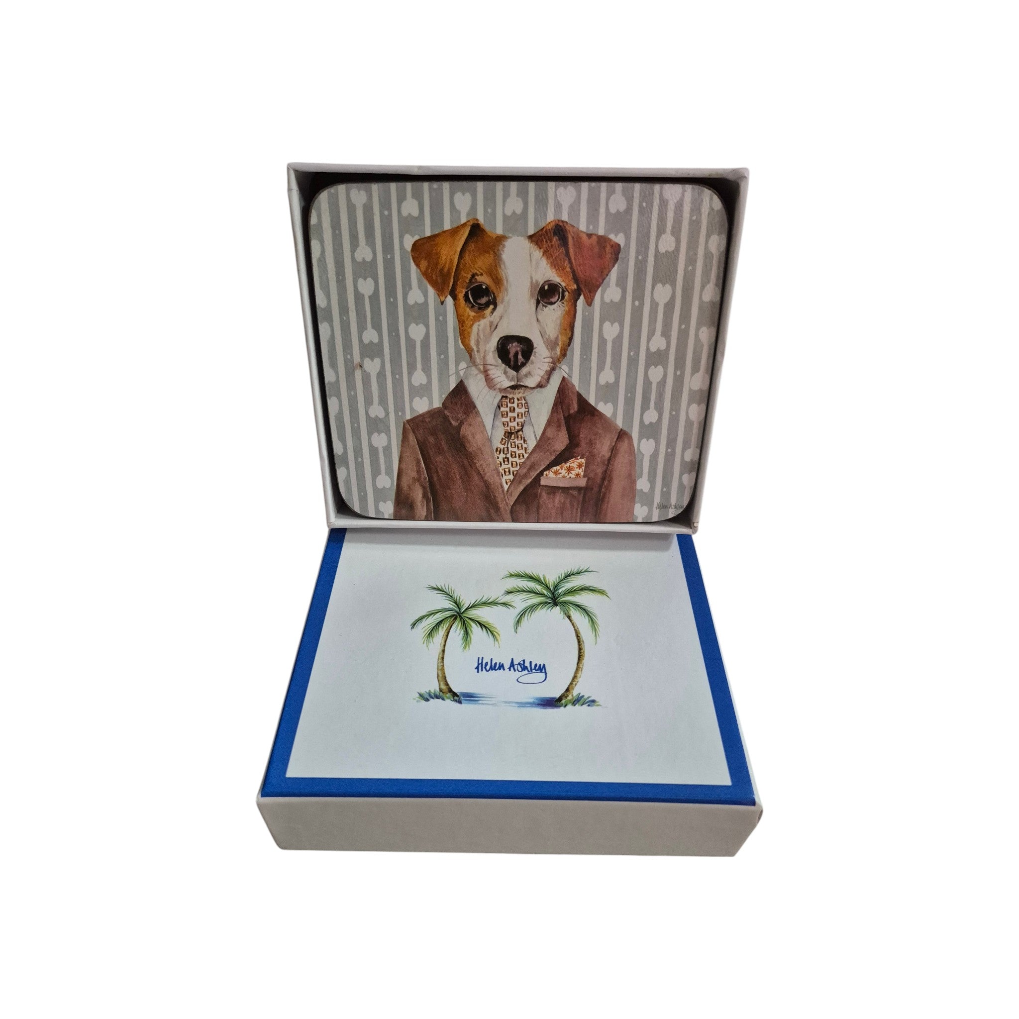 Set of six Dogs Dinners coasters by Helen Ashley featuring dog-themed designs on cork and paper coasters.