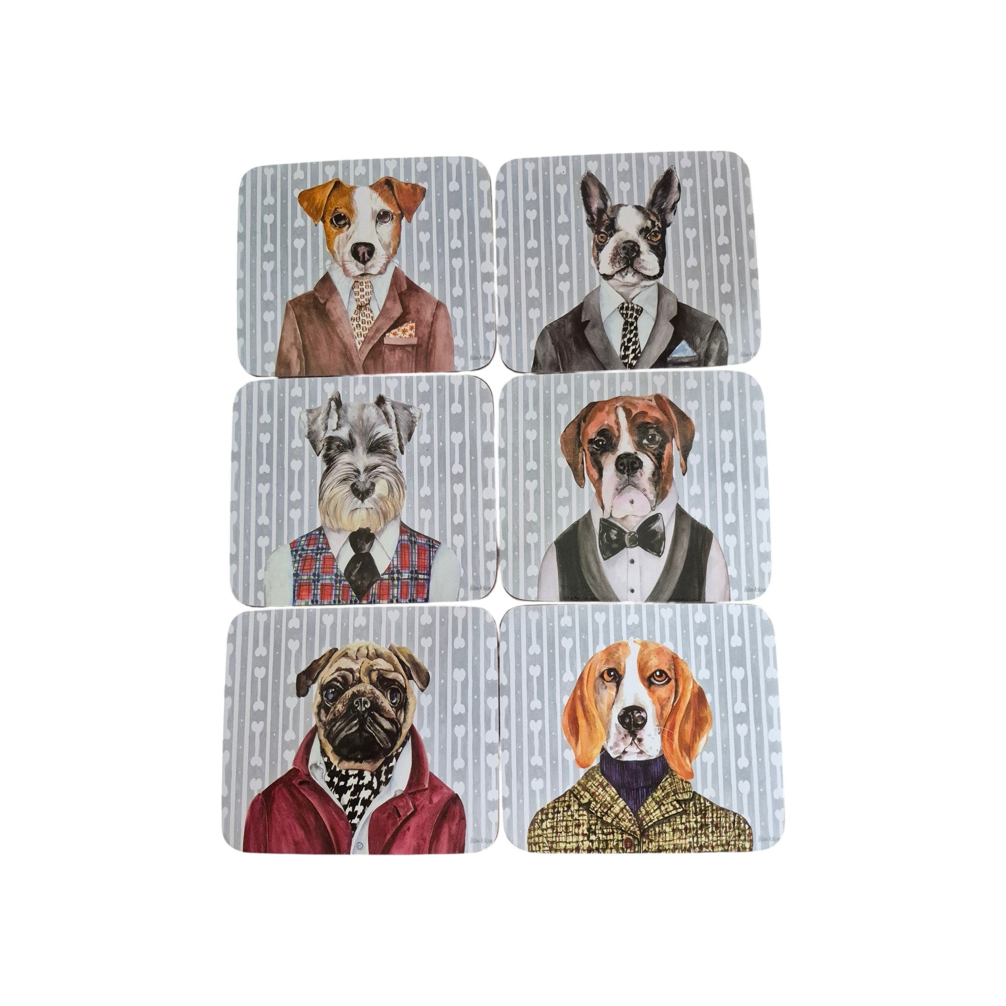 Set of six Dogs Dinners coasters by Helen Ashley featuring colorful dog-themed designs on round cork surfaces.
