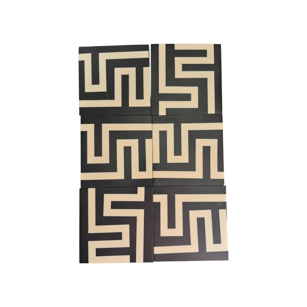 Set of six black and white maze design coasters by CC Interiors, stylish drink protectors with geometric pattern. nz