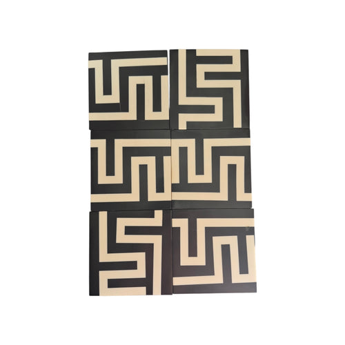 Set of six black and white maze design coasters by CC Interiors, stylish drink protectors with geometric pattern. nz