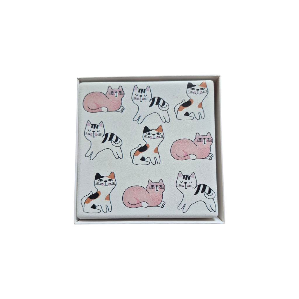 Set of 4 ceramic Sassy Cats coasters by Loren Boyd featuring colorful cat illustrations on smooth surface. nz