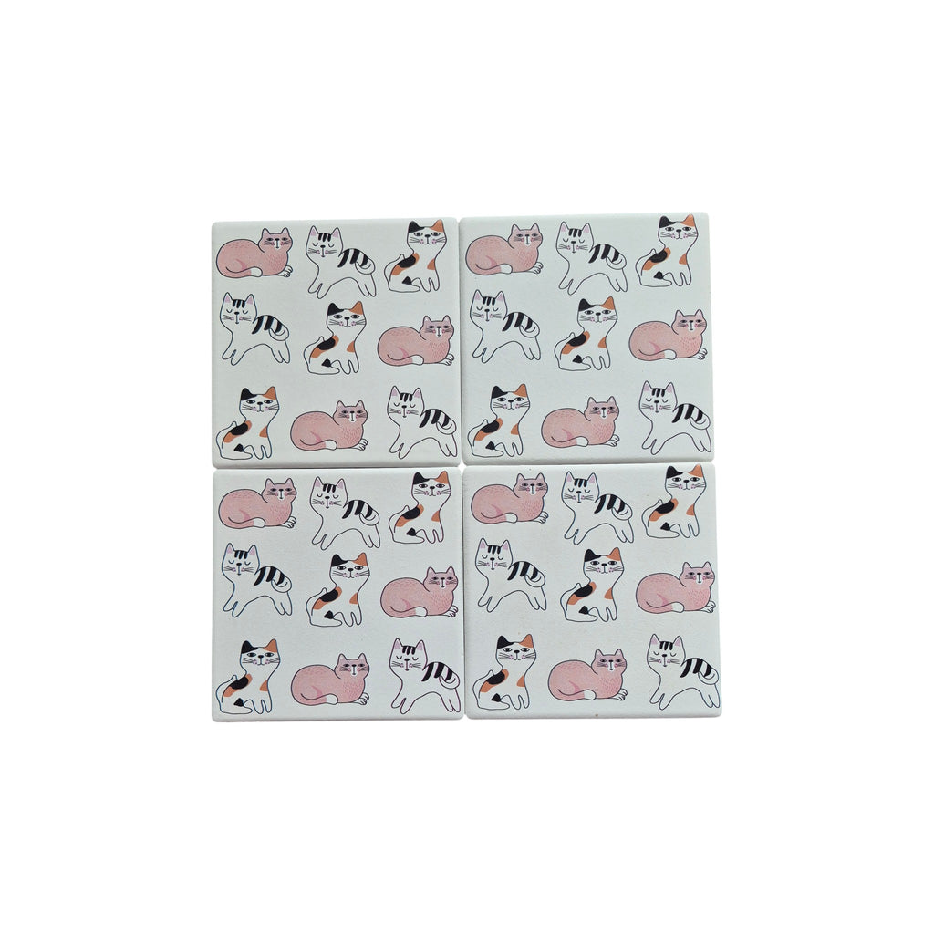 Set of four ceramic Sassy Cats coasters by Loren Boyd featuring colorful, playful cat illustrations for protecting surfaces. nz