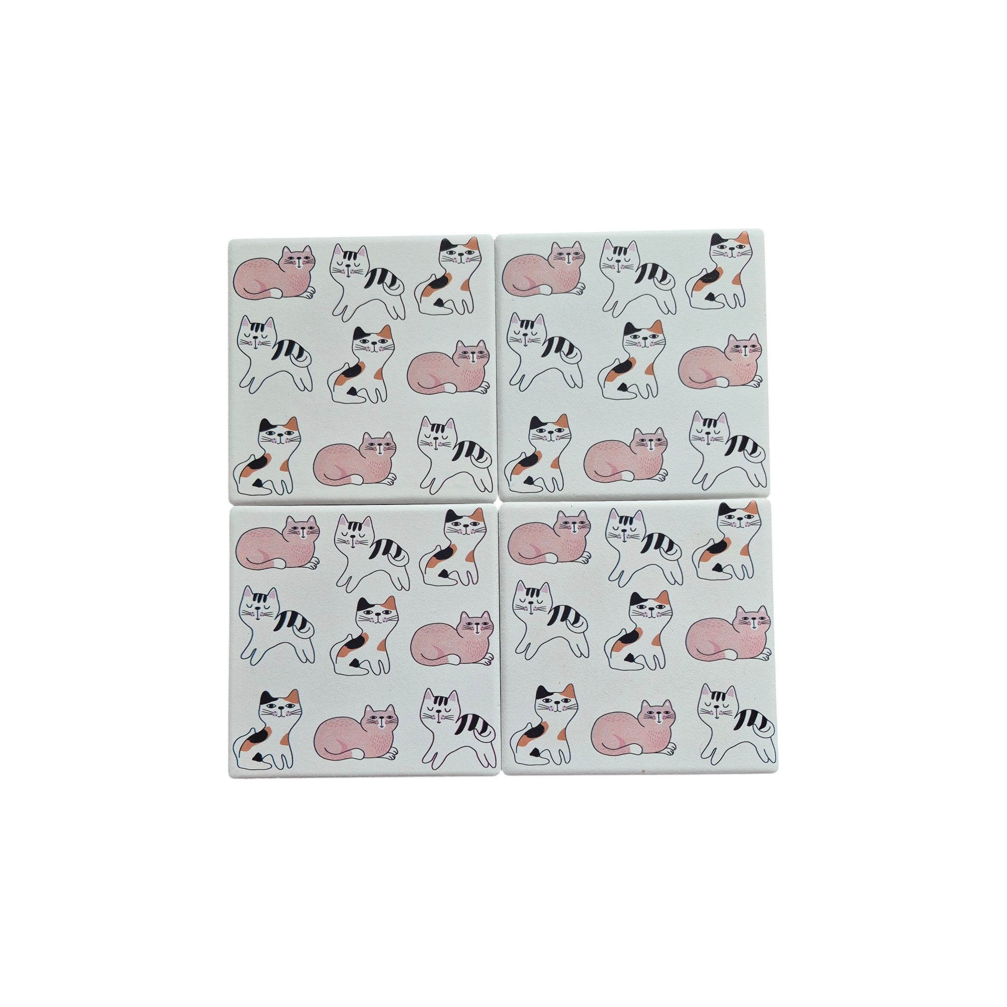 Set of four ceramic Sassy Cats coasters by Loren Boyd featuring colorful, playful cat illustrations for protecting surfaces. nz