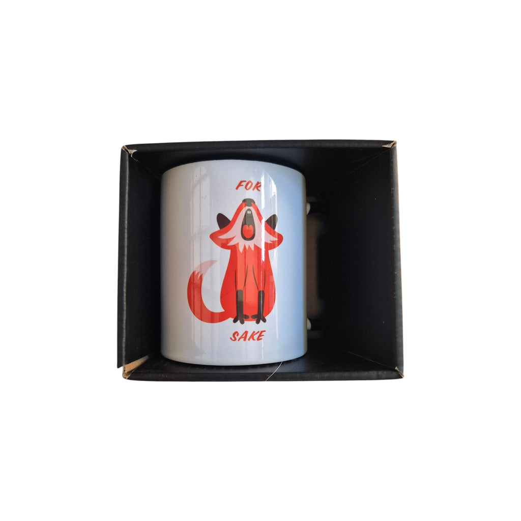 Disrupted Industries For Fox Sake mug featuring bold fox graphic and humorous text on ceramic coffee mug.