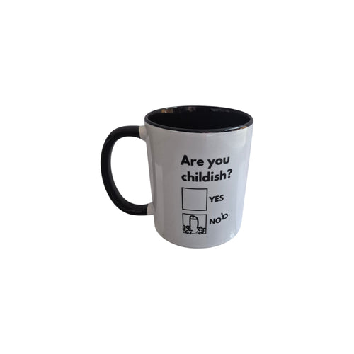 White ceramic mug with "Are You Childish?" printed in black, featuring a sturdy handle, from Disrupted Industries. nz