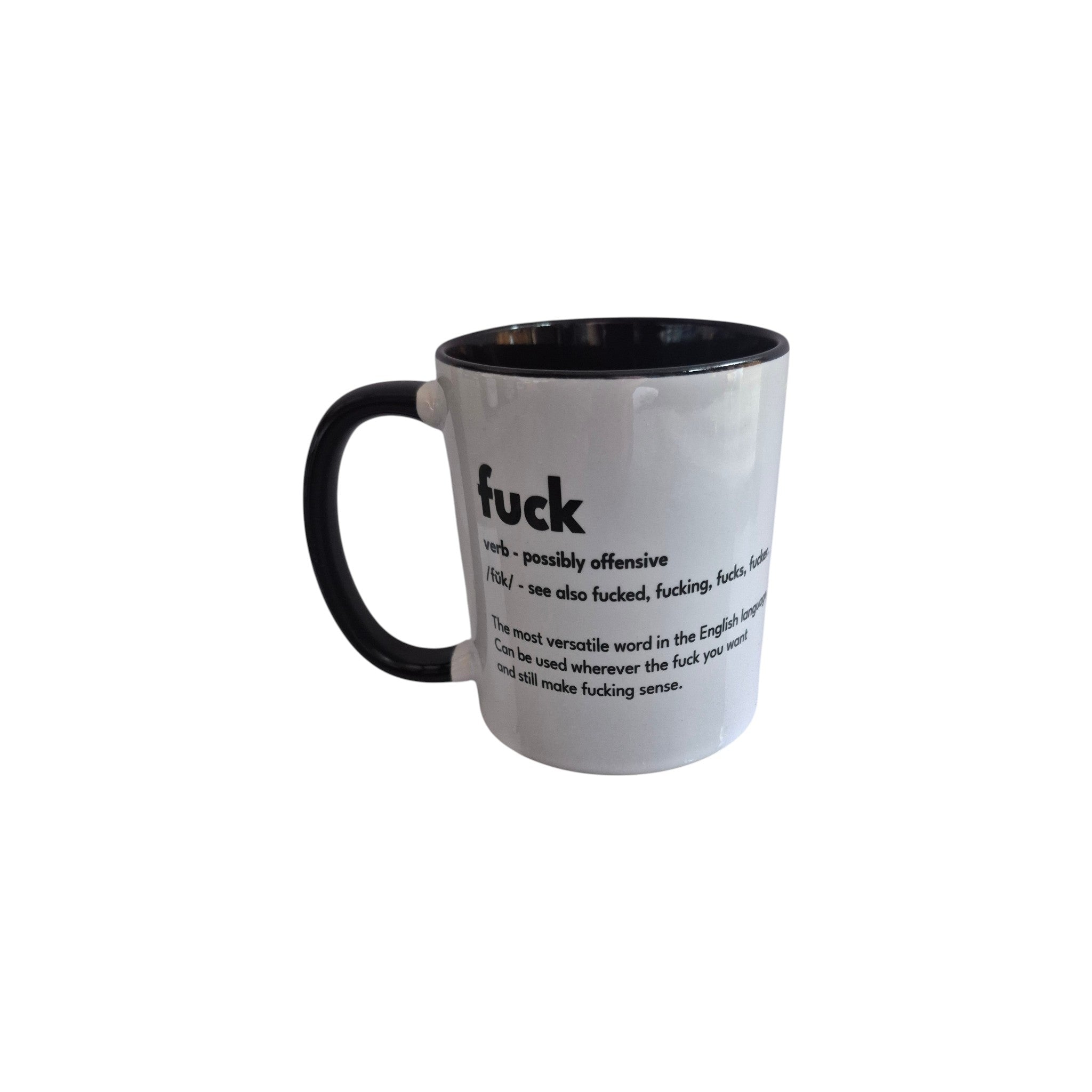 Disrupted Industries F*ck Definition Mug featuring bold black text on a white ceramic mug, perfect for everyday use.