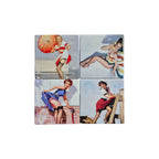 Set of four ceramic coasters featuring vintage pin-up girl artwork by Loren Boyd, perfect for protecting surfaces with style. nz