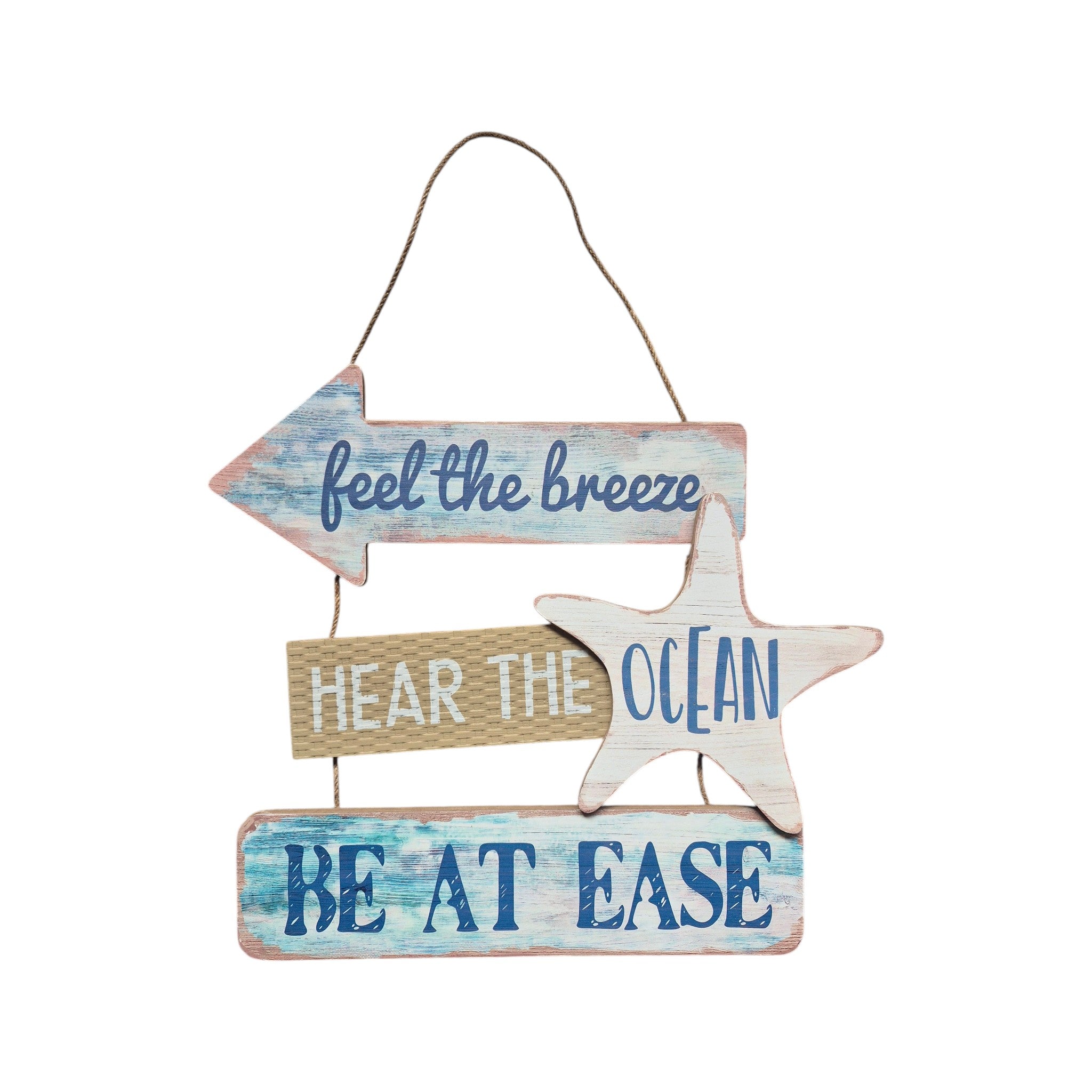 Layered wood wall sign by Loren Boyd with ocean and breeze imagery, designed to evoke relaxation and seaside tranquility.