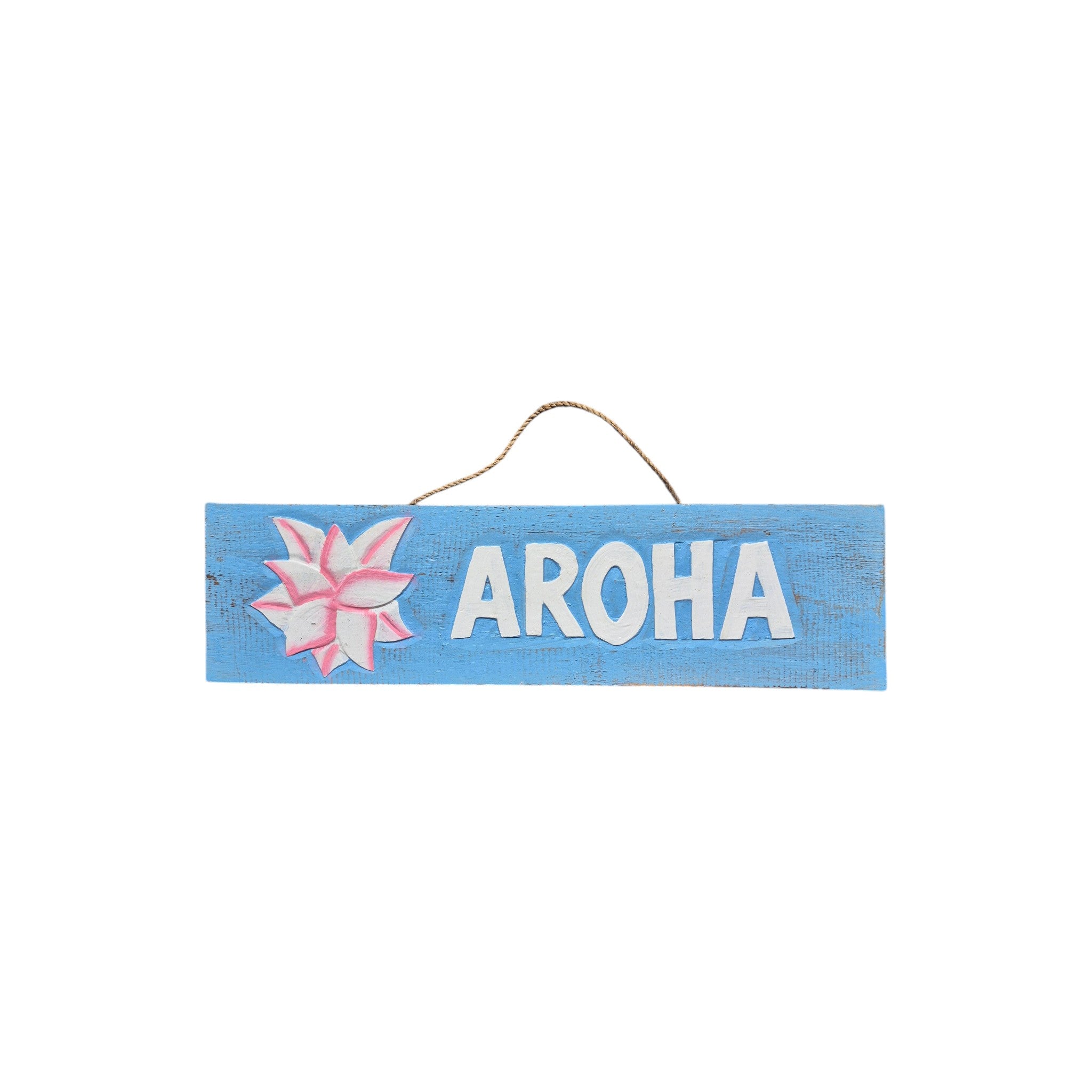 Aroha blue wood wall sign, 40cm, by Loren Boyd, featuring a rustic design with the word "Aroha" in white lettering. nz