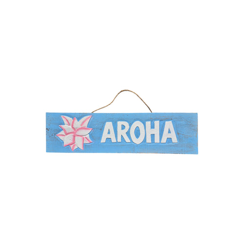 Aroha blue wood wall sign, 40cm, by Loren Boyd, featuring a rustic design with the word "Aroha" in white lettering. nz