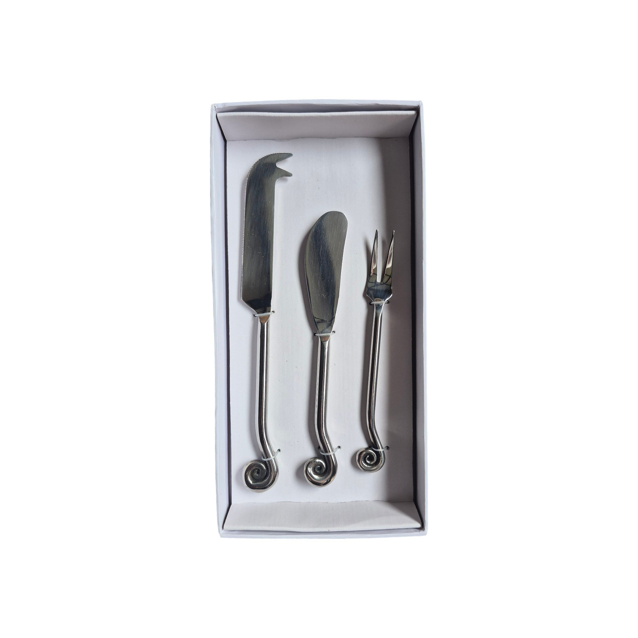 Mirror polished cocktail fork, pâté knife, and cheese knife set by Loren Boyd, elegant serveware for cheese and appetizers. nz