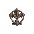Loren Boyd Fleur de Lys cast iron door knocker mounted on a door, featuring a classic decorative design in black iron. nz