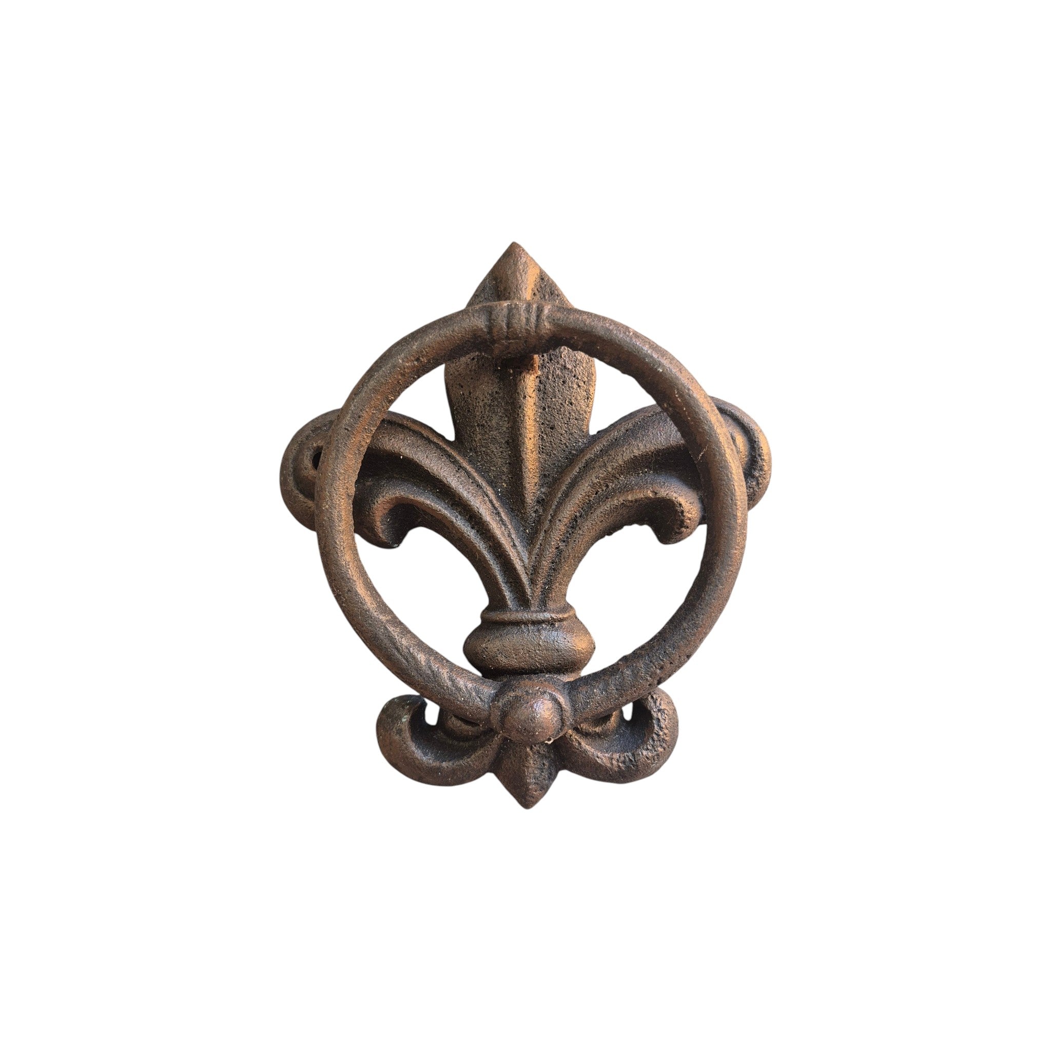 Loren Boyd Fleur de Lys cast iron door knocker mounted on a door, featuring a classic decorative design in black iron. nz