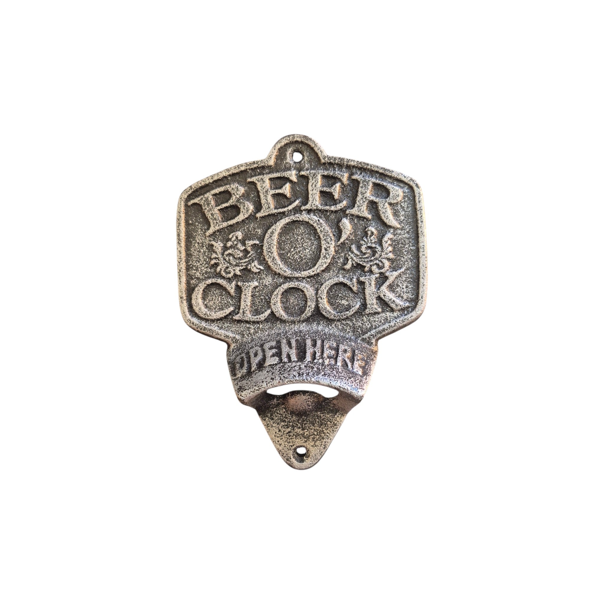 Loren Boyd Beer O'Clock cast iron wall bottle opener mounted on a wooden surface for easy bottle opening. nz