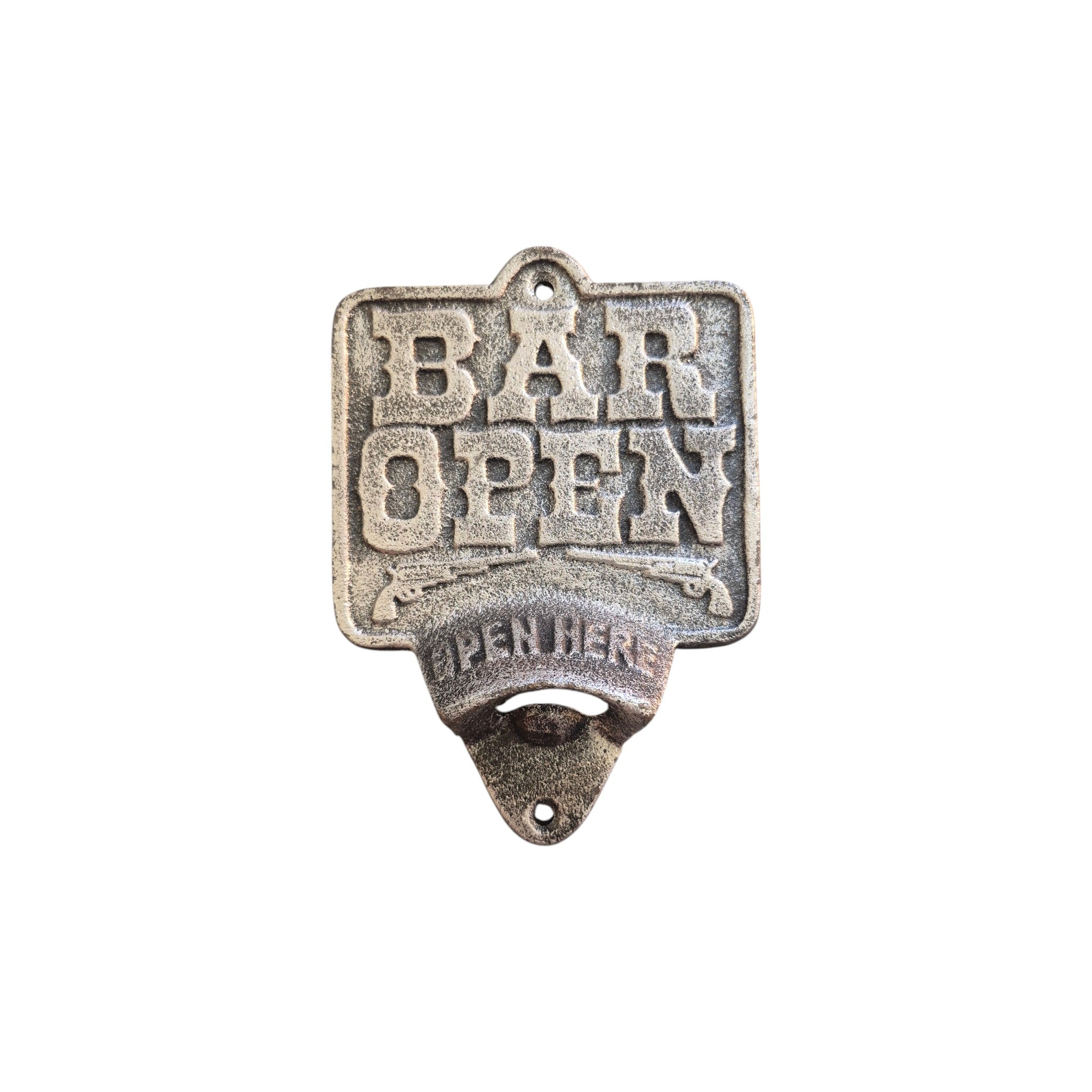 Loren Boyd Cast Iron Wall Bottle Opener mounted on a wall with a metal bottle opening mechanism. nz
