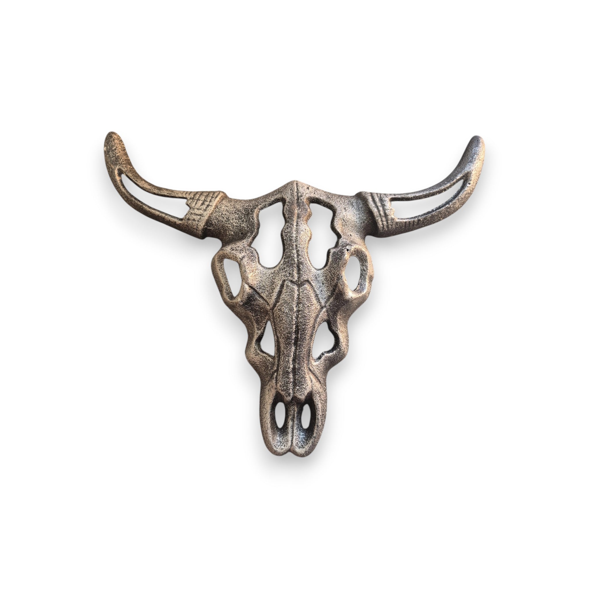 Loren Boyd cast iron wall decor featuring a longhorn steer skull design for rustic home or cabin decoration. nz