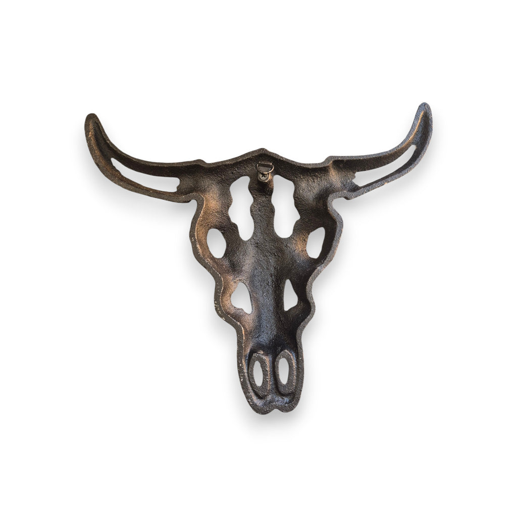 Cast iron Longhorn steer skull wall hanging as rustic wall decor, featuring detailed craftsmanship by Loren Boyd nz