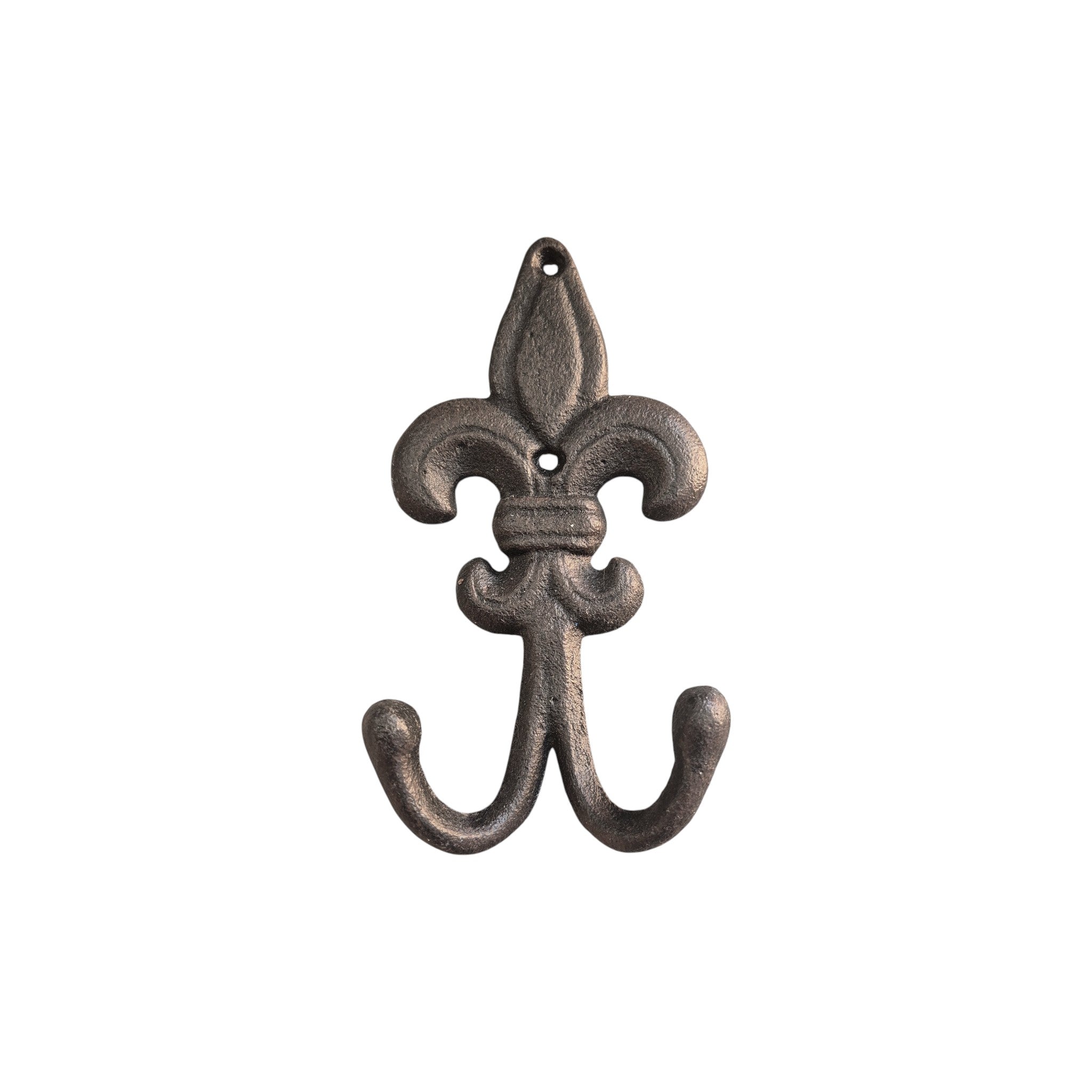 Black Fleur de Lys double wall hook by Loren Boyd, featuring ornate metal design with two hooks for hanging items. nz