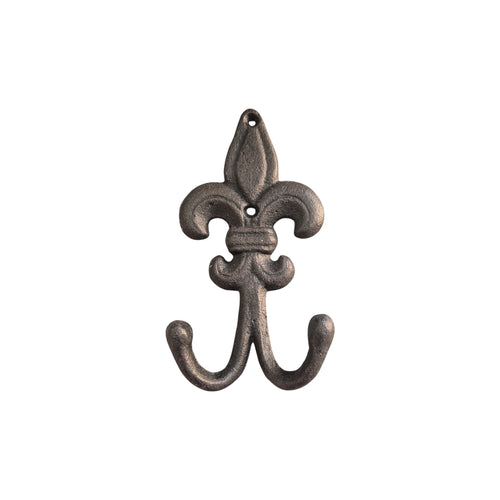 Black Fleur de Lys double wall hook by Loren Boyd, featuring ornate metal design with two hooks for hanging items. nz