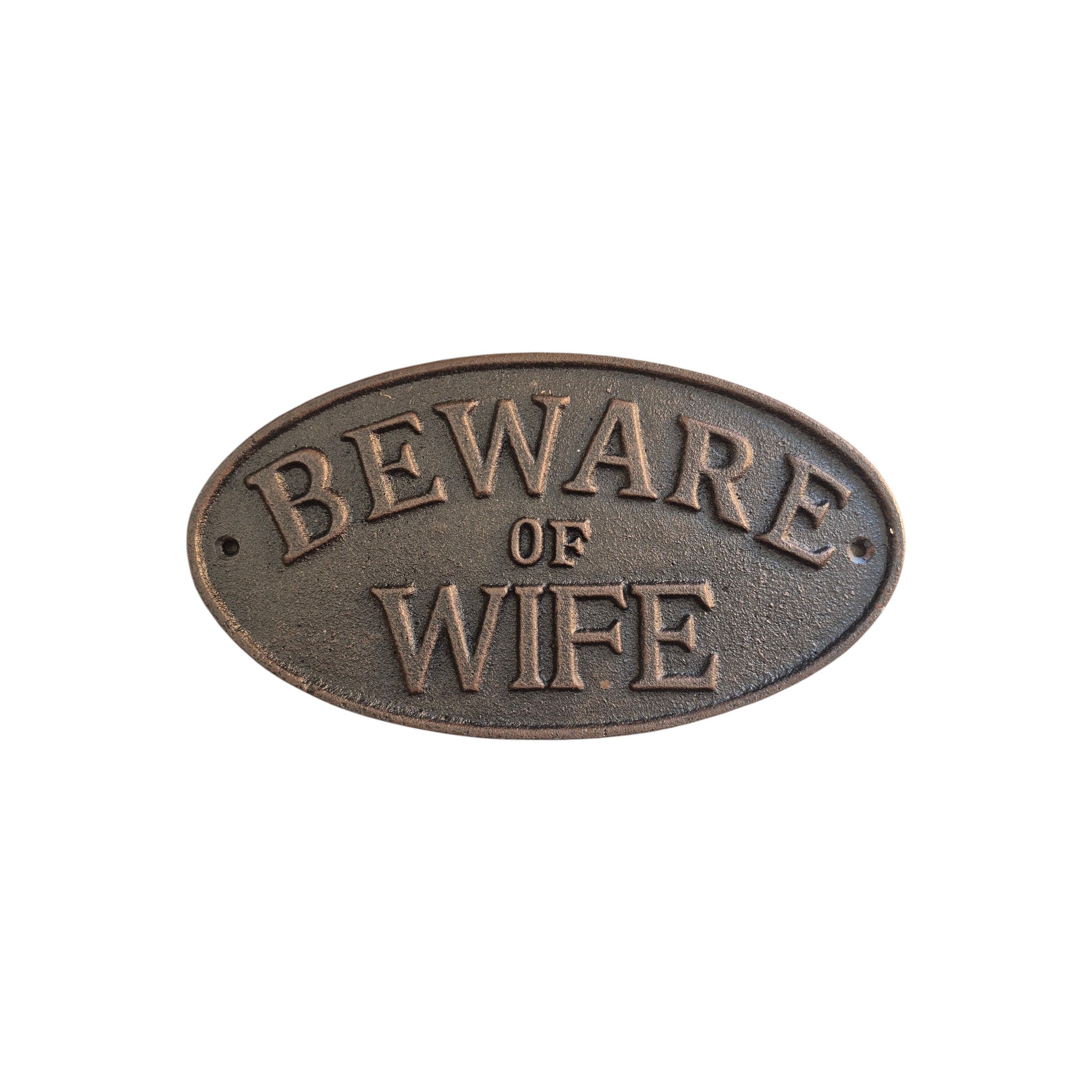 Loren Boyd Beware of Wife cast iron wall sign, 22cm, featuring humorous warning message, suitable for home decor. nz