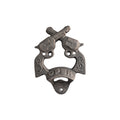 Loren Boyd double pistol cast iron wall bottle opener mounted on a wooden surface, featuring detailed pistol designs for home bar decor