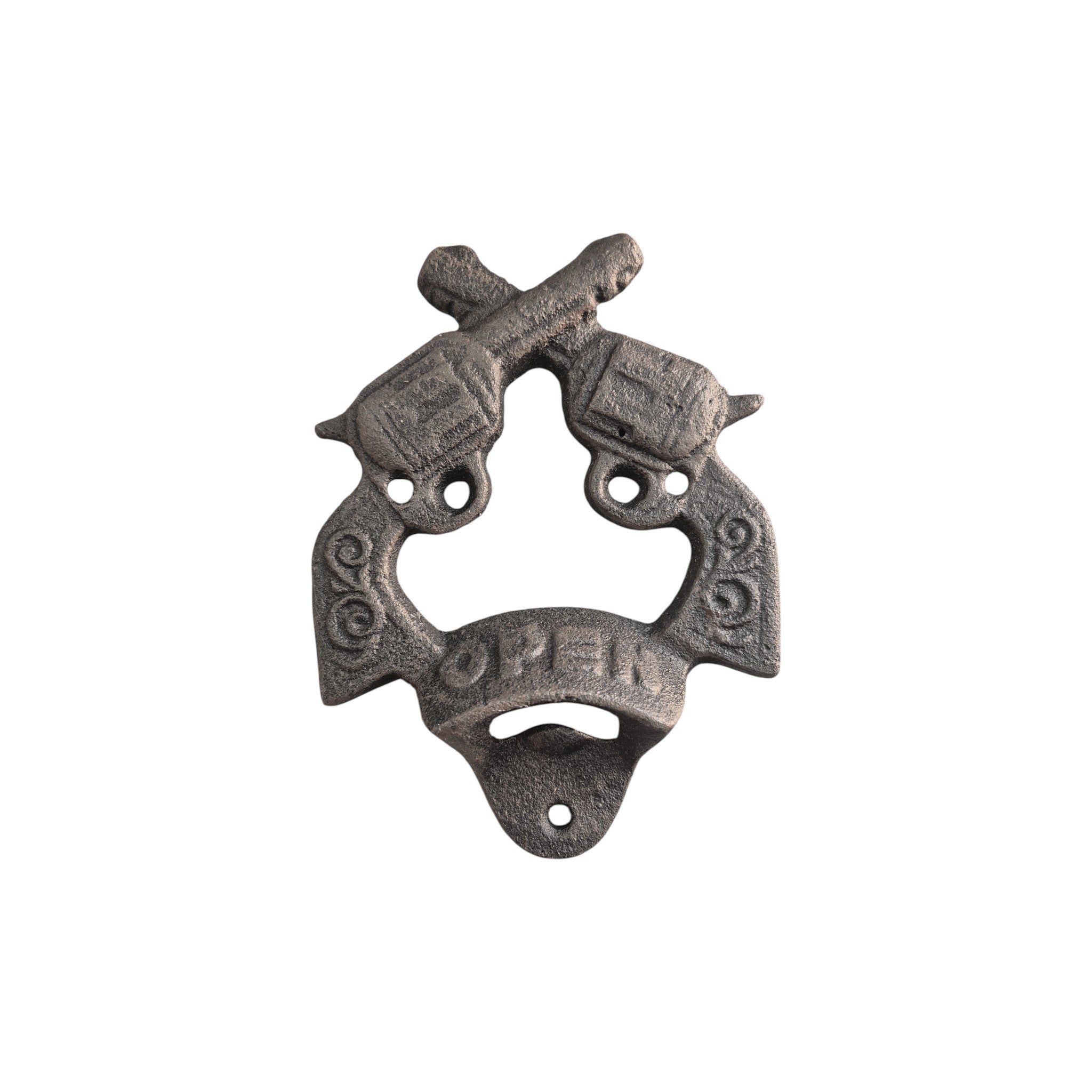 Loren Boyd double pistol cast iron wall bottle opener mounted on a wooden surface, featuring detailed pistol designs for home bar decor