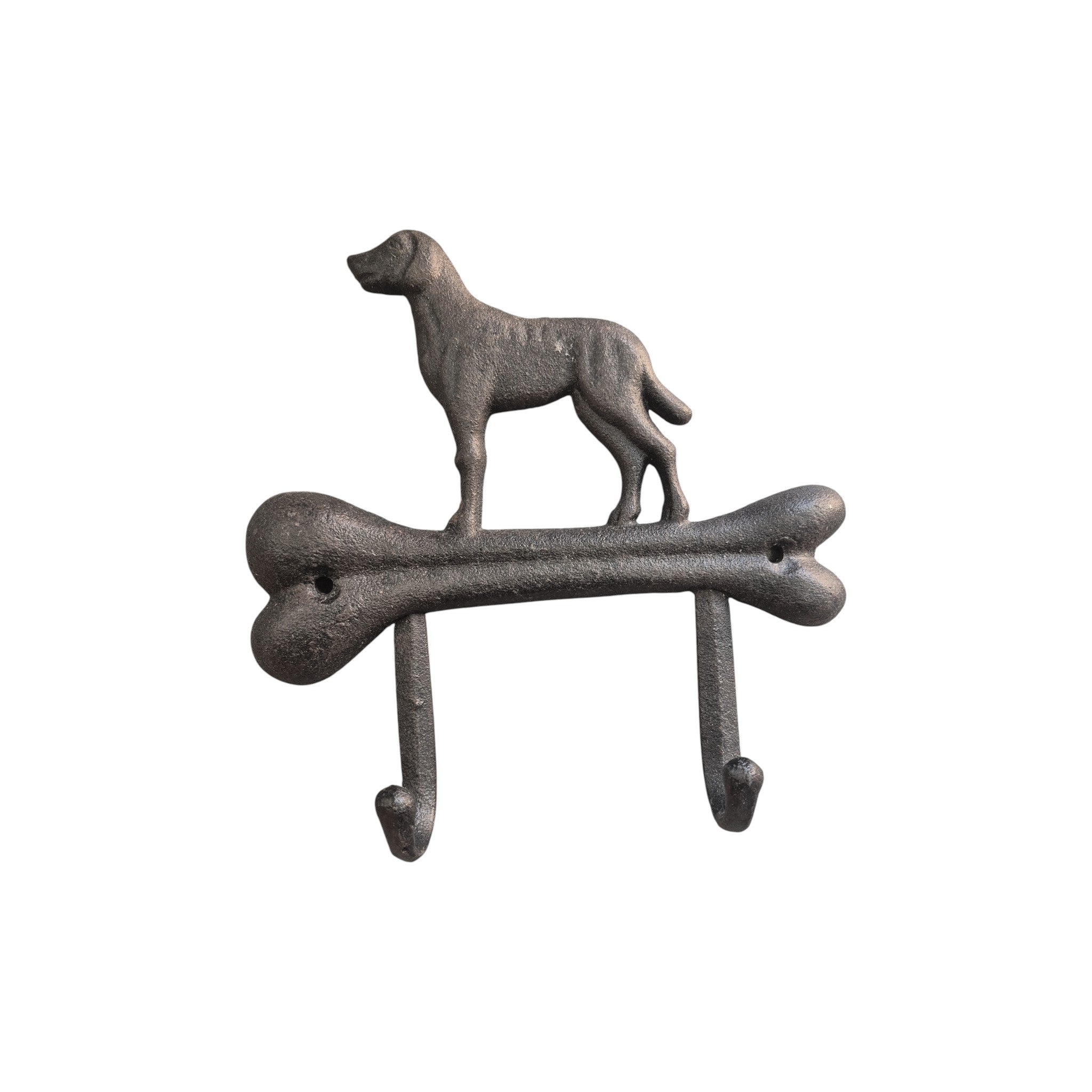 Loren Boyd Dog & Bone cast iron double wall hook mounted on a wall, featuring a decorative dog and bone design for hanging items. nz
