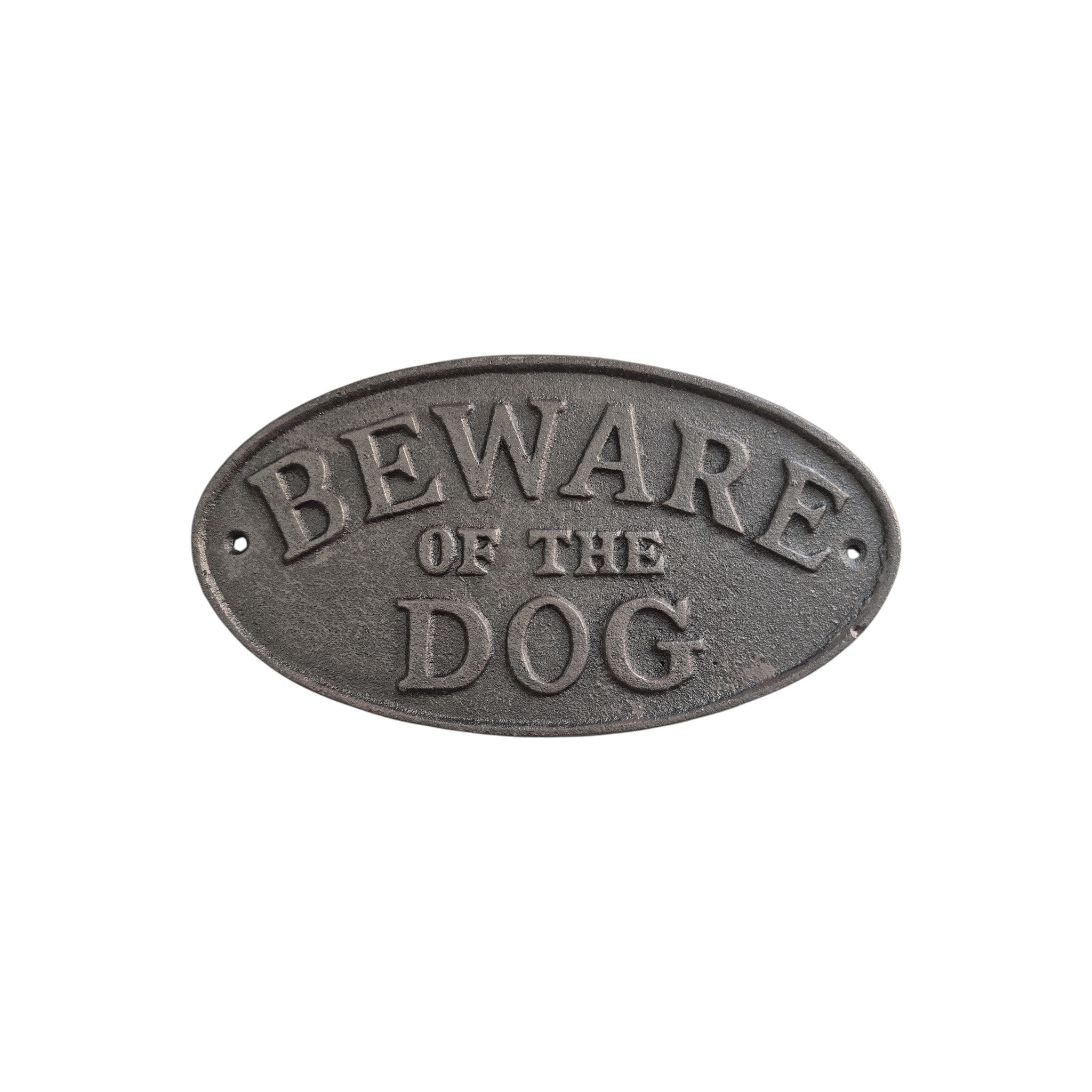 Cast iron wall sign reading "Beware of the Dog," 23cm, by Loren Boyd, featuring bold lettering and a classic black finish. nz