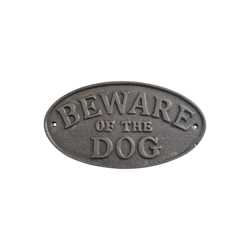 Cast iron wall sign reading "Beware of the Dog," 23cm, by Loren Boyd, featuring bold lettering and a classic black finish. nz
