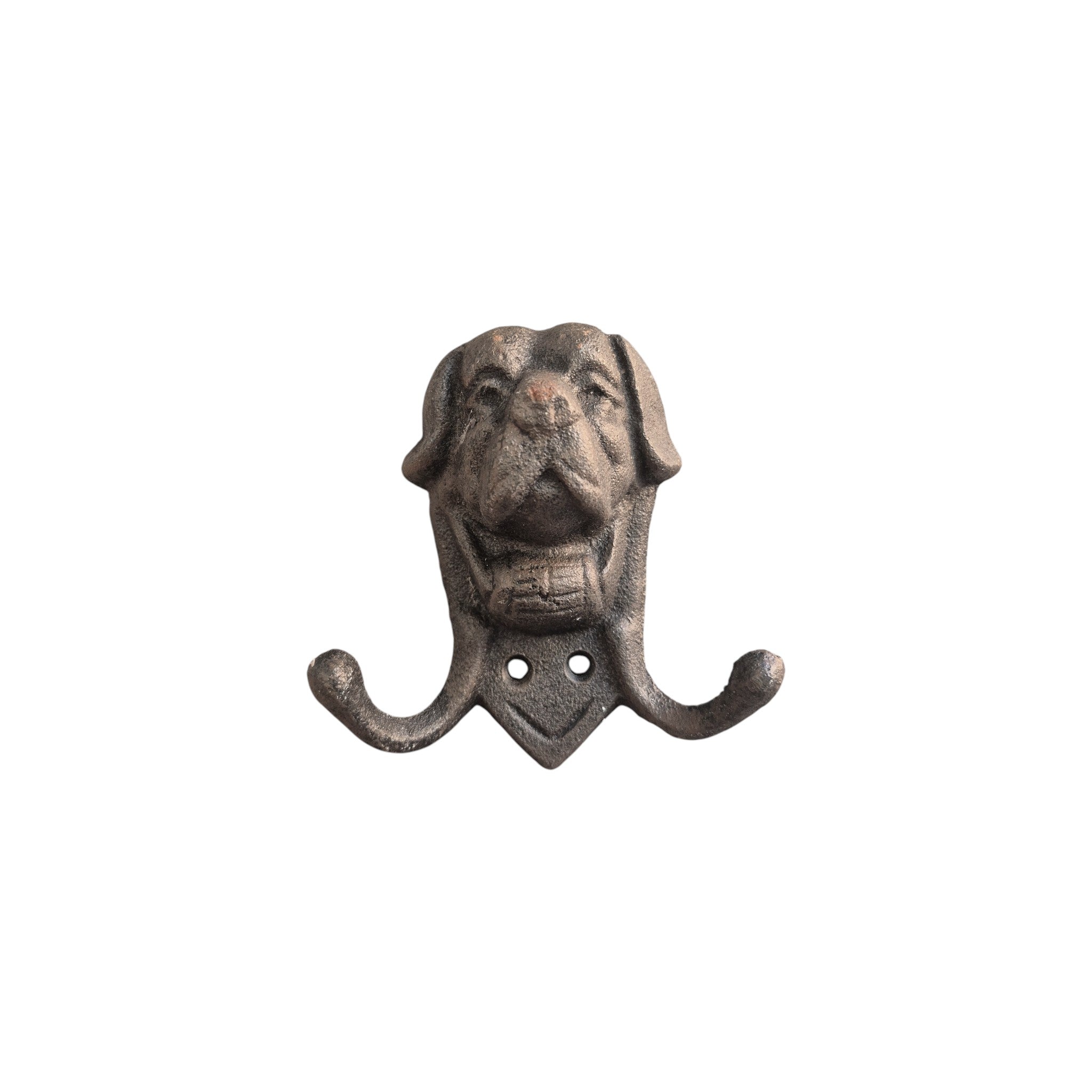 Loren Boyd dog head cast iron double wall hook mounted on a wall for hanging coats or accessories.