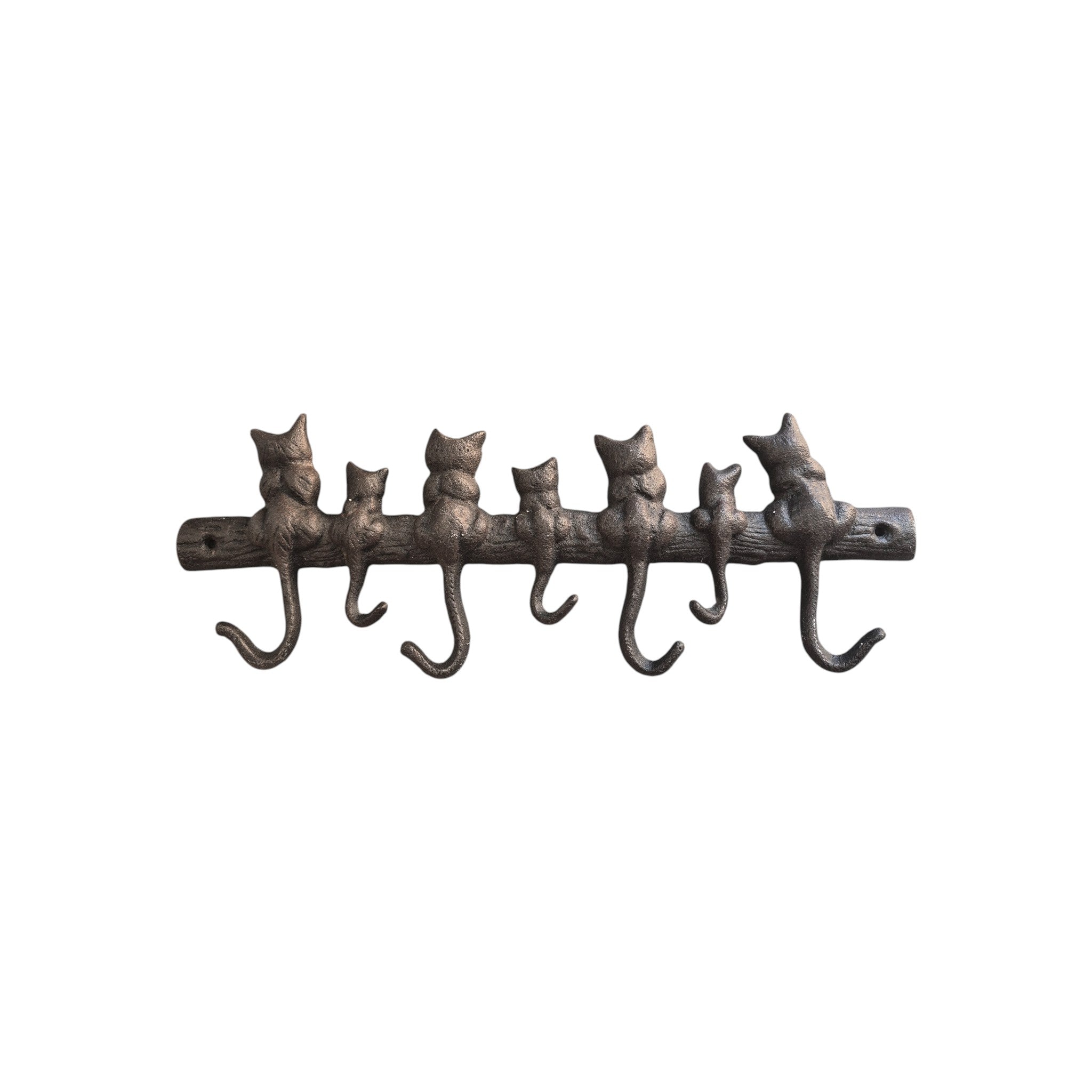 Loren Boyd Cats on a Branch cast iron wall hook rack with 7 hooks, measuring 39.5cm, featuring a decorative cat and branch design. nz